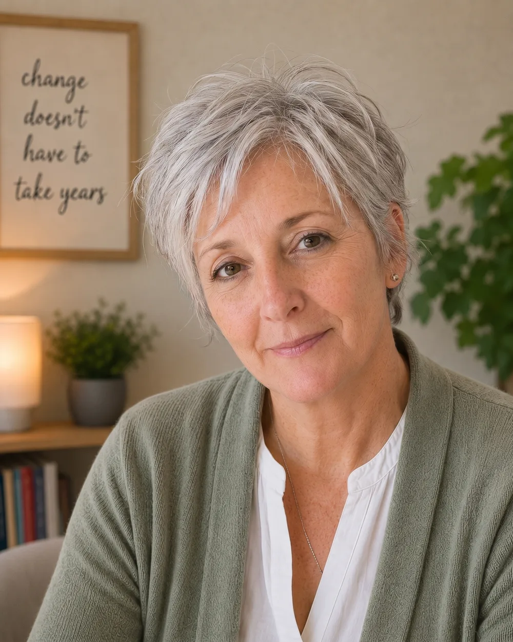 Lisa Anderson in a sage cardigan in her therapy room, with a framed print reading 'change doesn't have to take years'